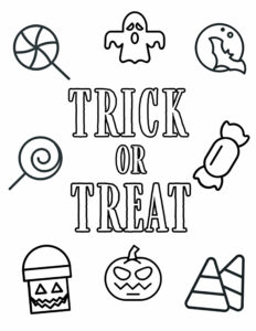 Trick or Treat coloring page with candy and Halloween pictures