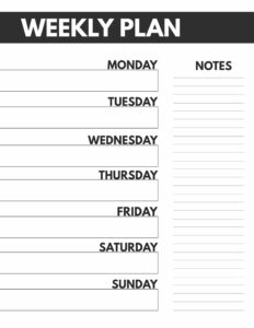 Weekly planner with Monday through Sunday and a place for notes.