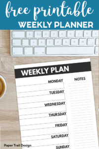 Weekly Plan Planner page next to computer and coffee, with text overlay-free printable weekly planner