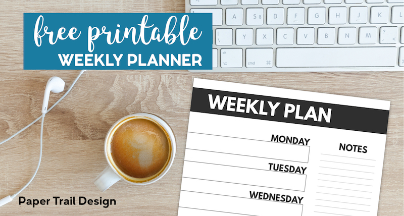 Weekly Plan Planner page next to computer, earbuds, and coffee, with text overlay-free printable weekly planner