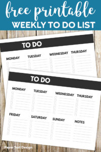 To Do list for each day of the week from Monday to Saturday and notes with text overlay- free printable weekly to do list
