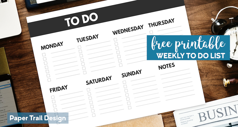 To Do list for each day of the week from Monday to Saturday and notes with text overlay- free printable weekly to do list