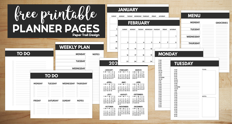 Planner pages influding calendars, weekly planner, daily planner, and to do lists with text overlay- free printable planner pages