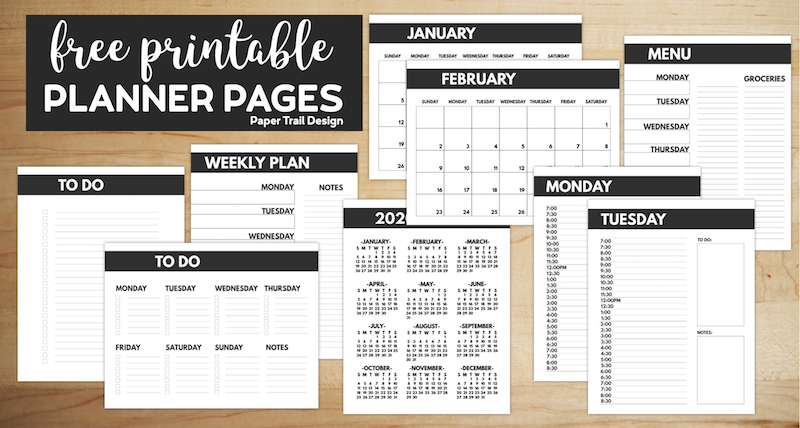 Planner pages including calendars, weekly planner, daily planner, and to do lists with text overlay- free printable planner pages