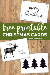 Three Merry Christmas cards including reindeer silhouette, Christmas tree silhouette, and merry Christmas script with text overlay- free printable Christmas cards