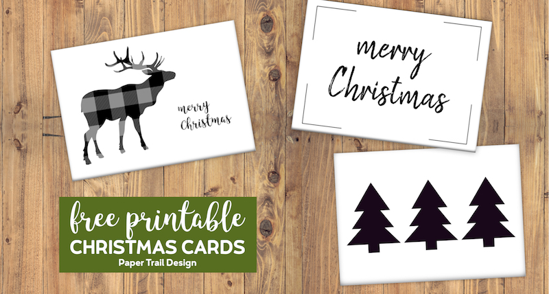 Three Merry Christmas cards including reindeer silhouette, Christmas tree silhouette, and merry Christmas script with text overlay- free printable Christmas cards