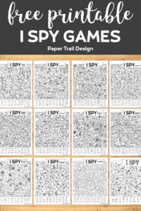 12 I spy activity game printables on wood background with text overlay- free printable I Spy Games 