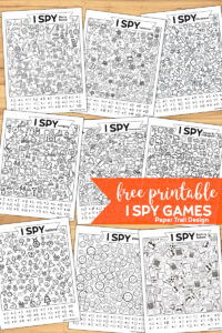 9 I spy activity game printables on wood background with text overlay- free printable I Spy Games 