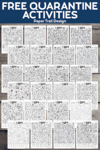24 I spy printable games displayed on a wood background with text overlay- free quarantine activities