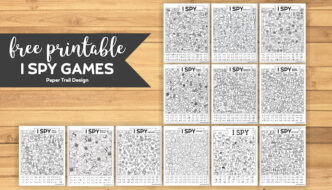 12 I spy activity game printables on wood background with text overlay- free printable I Spy Games