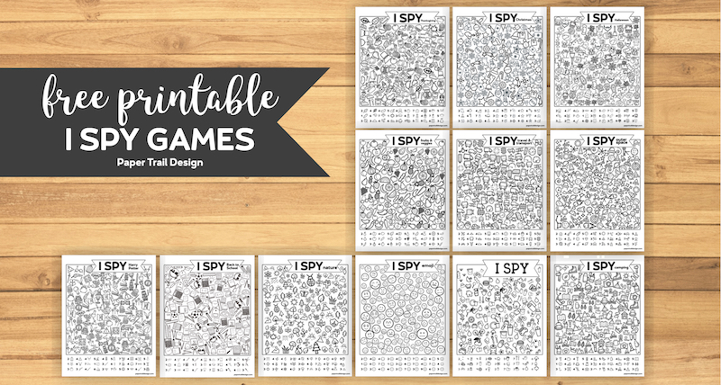 12 I spy activity game printables on wood background with text overlay- free printable I Spy Games