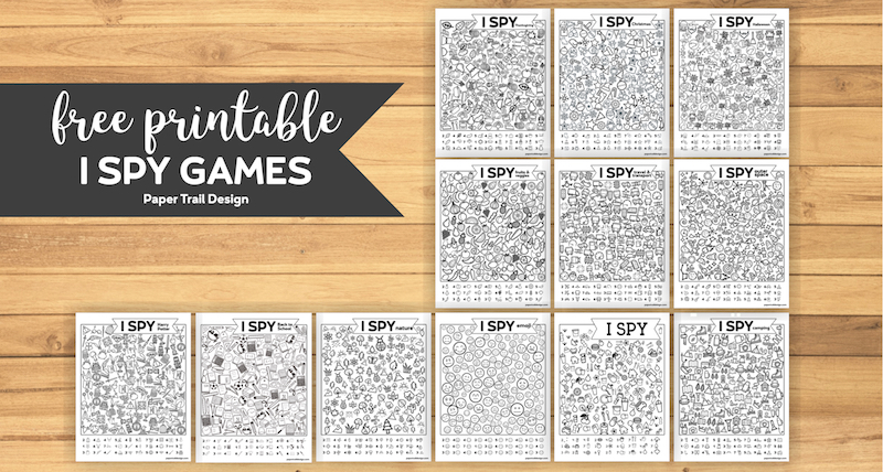 12 I spy activity game printables on wood background with text overlay- free printable I Spy Games 