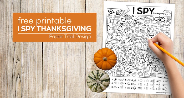 Thanksgiving pumpkins with thanksgiving activity page with text overlay free printable I spy thanksgiving