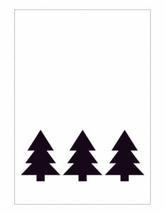 5x7 black and white Christmas card with three black tree silhouettes. 