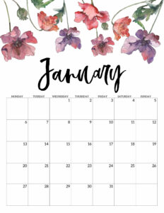 January 2020 Monday start floral page printable