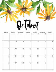 October 2020 Monday start floral page printable