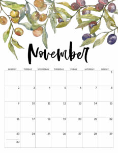 November 2020 Monday start floral page printable