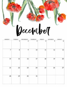 December 2020 Monday start floral page printable