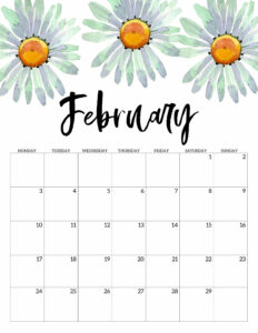 February 2020 Monday start floral page printable