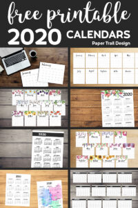 8 different 2020 calendars in separate boxes alongside text overlay- free printable 2020 calendars
