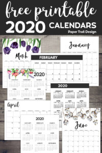 8 different 2020 calendars in separate boxes alongside text overlay- free printable 2020 calendars