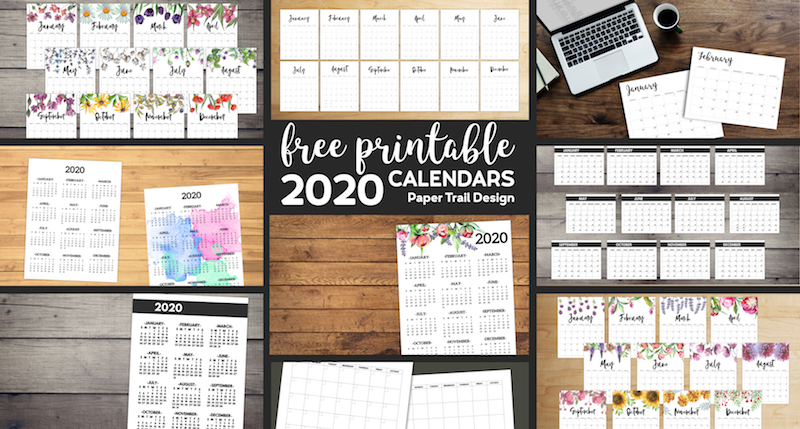 9 different 2020 calendars in separate boxes alongside text overlay- free printable 2020 calendars