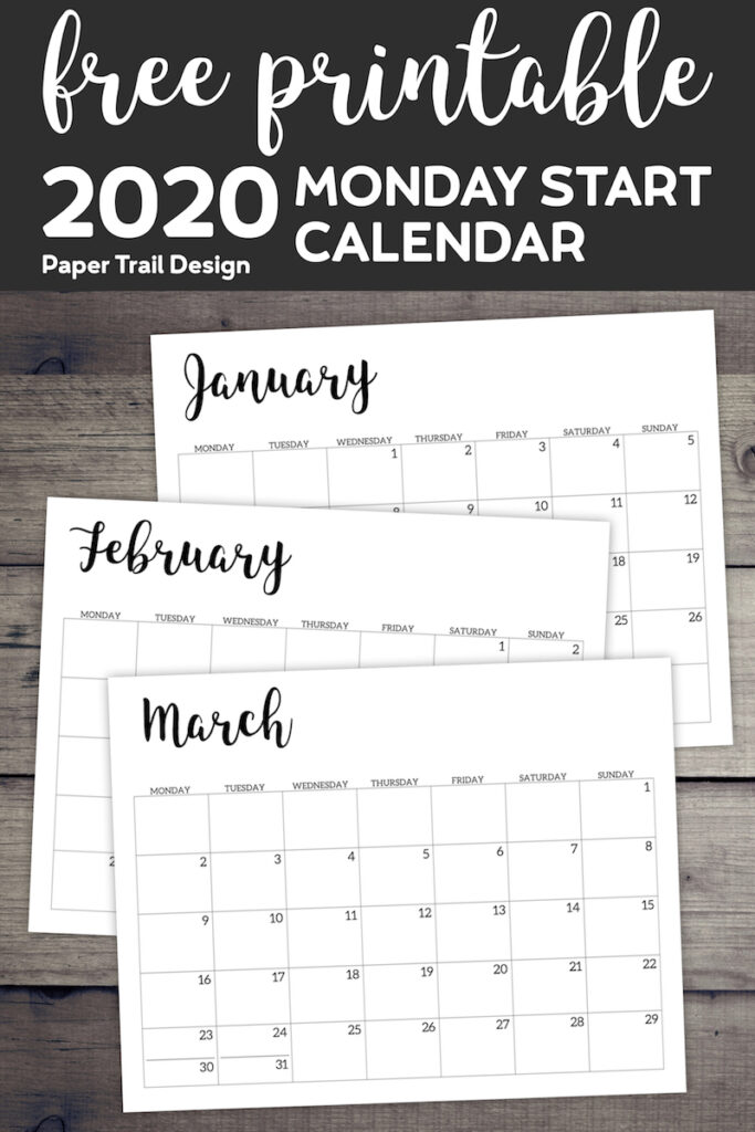 Free Printable 2020 Calendar Monday Start Paper Trail Design
