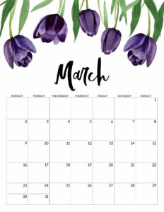 March 2020 Monday start floral page printable