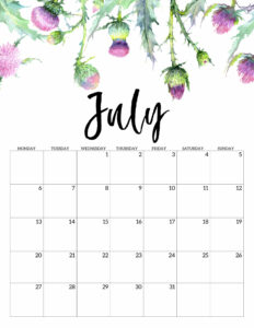 July 2020 Monday start floral page printable