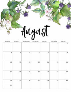 August 2020 Monday start floral page printable