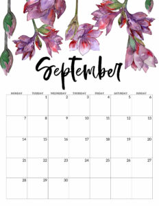 September 2020 Monday start floral page printable