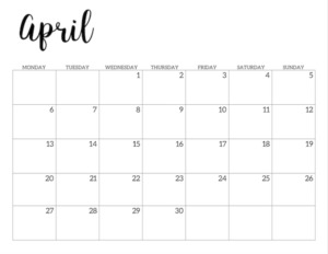 Free Printable 2020 April Calendar - Monday Start.