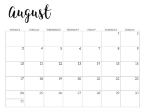 Free Printable 2020 August Calendar - Monday Start.