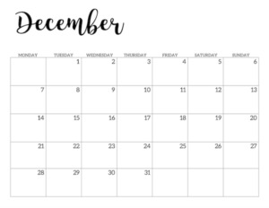 Free Printable 2020 December Calendar - Monday Start.