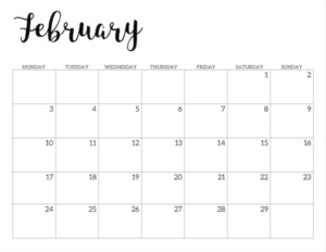 Free Printable 2020 February Calendar - Monday Start. 