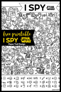 Star Wars I Spy activity printable page on black background with text overlay- free printable I Spy Star Wars