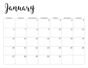 Free Printable 2020 January Calendar - Monday Start. 