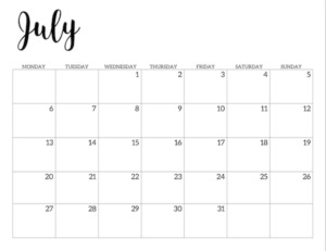 Free Printable 2020 July Calendar - Monday Start.