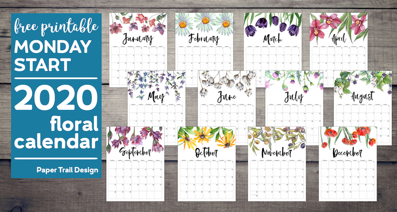 January through December calendar pages with floral design with text overlay- free printable Monday start 2020 floral calendar