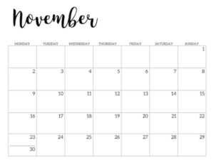 Free Printable 2020 November Calendar - Monday Start.