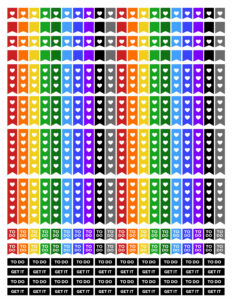 Rainbow colored planner flag stickers in solid, with a white heart, 3 item to do list, 5 item to do list, to do, and get it stickers 