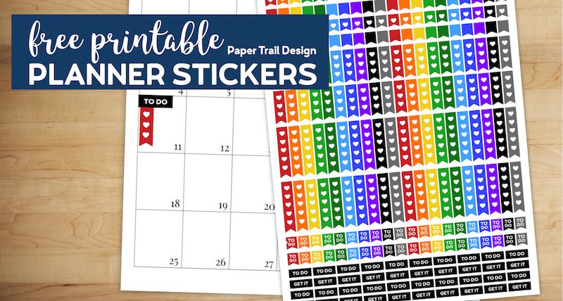 Rainbow colored planner flag stickers in solid, with a white heart, 3 item to do list, 5 item to do list, to do, and get it stickers with text overlay- free printable planner stickers