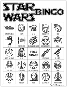 Star Wars bingo board game in black and white