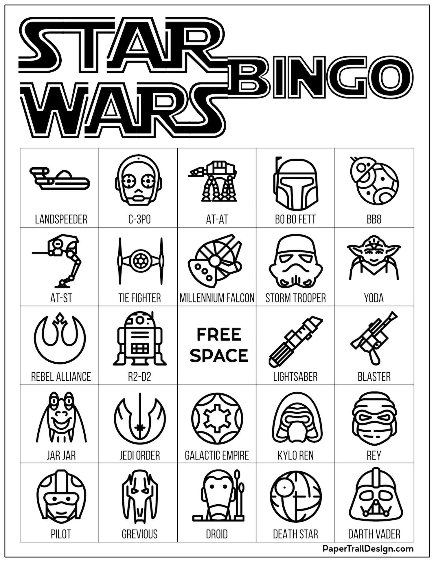 star wars bingo free printable party game paper trail design