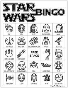 Star Wars bingo board game in black and white