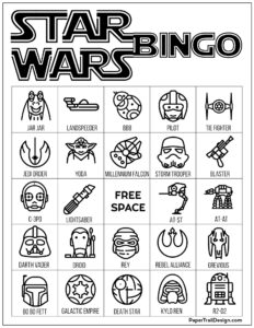 Star Wars bingo board game in black and white