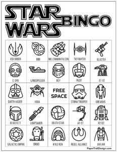 Star Wars bingo board game in black and white