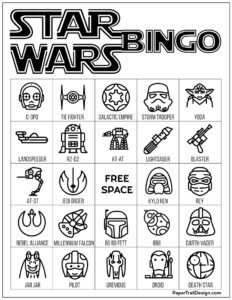 Star Wars bingo board game in black and white