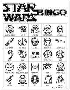 Star Wars bingo board game in black and white