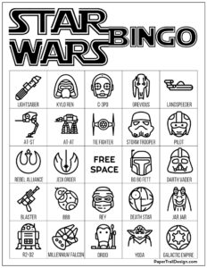 Star Wars bingo board game in black and white